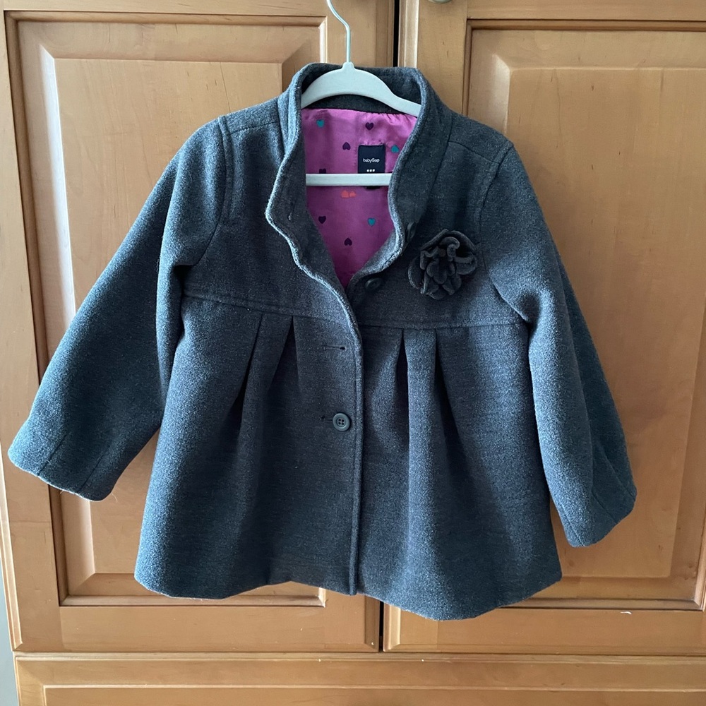 3T GAP Dark Gray Pea Coat with Floral Detail